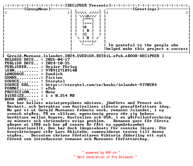NFO for the release Gerald.Murnane.Inlandet.2024.SWEDiSH.RETAiL.ePub.eBOOK-DECiPHER by DECiPHER