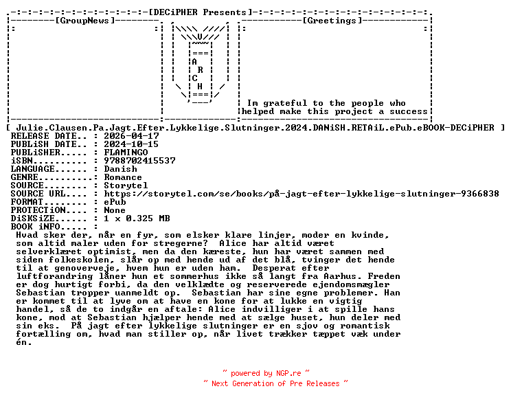 NFO for the release Julie.Clausen.Pa.Jagt.Efter.Lykkelige.Slutninger.2024.DANiSH.RETAiL.ePub.eBOOK-DECiPHER by DECiPHER