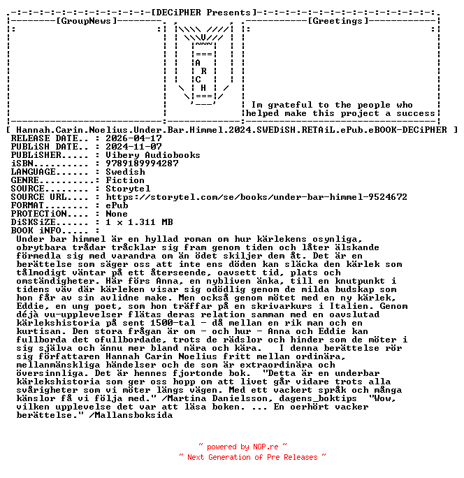 NFO for the release Hannah.Carin.Noelius.Under.Bar.Himmel.2024.SWEDiSH.RETAiL.ePub.eBOOK-DECiPHER by DECiPHER