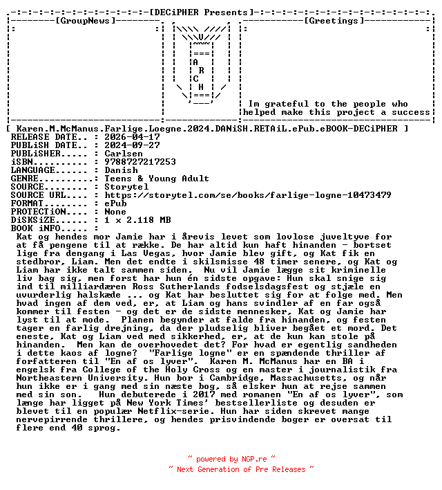 NFO for the release Karen.M.McManus.Farlige.Loegne.2024.DANiSH.RETAiL.ePub.eBOOK-DECiPHER by DECiPHER