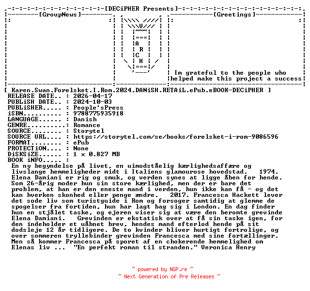 NFO for the release Karen.Swan.Forelsket.I.Rom.2024.DANiSH.RETAiL.ePub.eBOOK-DECiPHER by DECiPHER