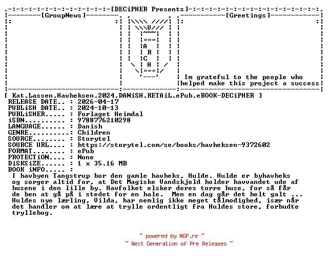 NFO for the release Kat.Lassen.Havheksen.2024.DANiSH.RETAiL.ePub.eBOOK-DECiPHER by DECiPHER