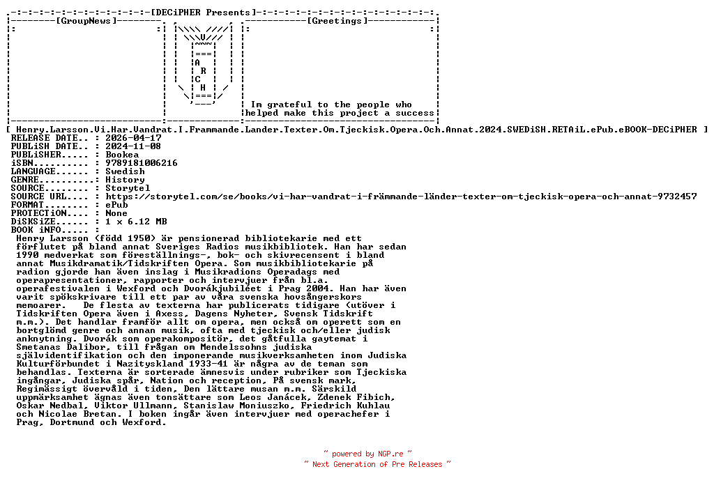 NFO for the release Henry.Larsson.Vi.Har.Vandrat.I.Frammande.Lander.Texter.Om.Tjeckisk.Opera.Och.Annat.2024.SWEDiSH.RETAiL.ePub.eBOOK-DECiPHER by DECiPHER