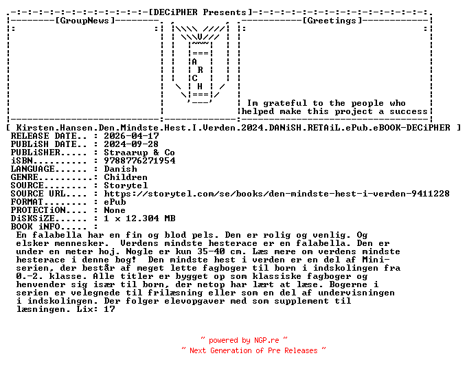 NFO for the release Kirsten.Hansen.Den.Mindste.Hest.I.Verden.2024.DANiSH.RETAiL.ePub.eBOOK-DECiPHER by DECiPHER