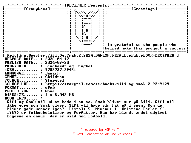NFO for the release Kristina.Boecher.Sifi.Og.Smak.2.2024.DANiSH.RETAiL.ePub.eBOOK-DECiPHER by DECiPHER