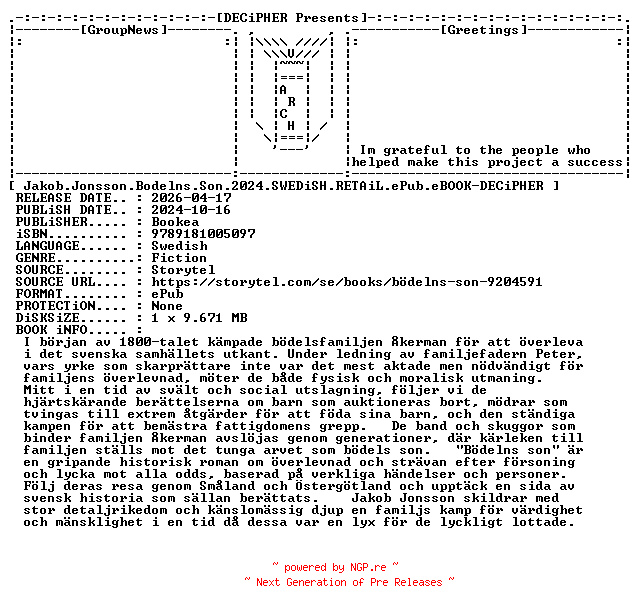 NFO for the release Jakob.Jonsson.Bodelns.Son.2024.SWEDiSH.RETAiL.ePub.eBOOK-DECiPHER by DECiPHER