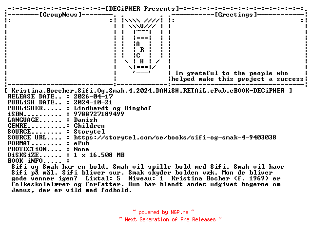 NFO for the release Kristina.Boecher.Sifi.Og.Smak.4.2024.DANiSH.RETAiL.ePub.eBOOK-DECiPHER by DECiPHER