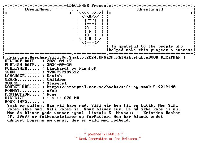 NFO for the release Kristina.Boecher.Sifi.Og.Smak.5.2024.DANiSH.RETAiL.ePub.eBOOK-DECiPHER by DECiPHER