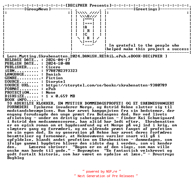 NFO for the release Lars.Mytting.Skrabenatten.2024.DANiSH.RETAiL.ePub.eBOOK-DECiPHER by DECiPHER