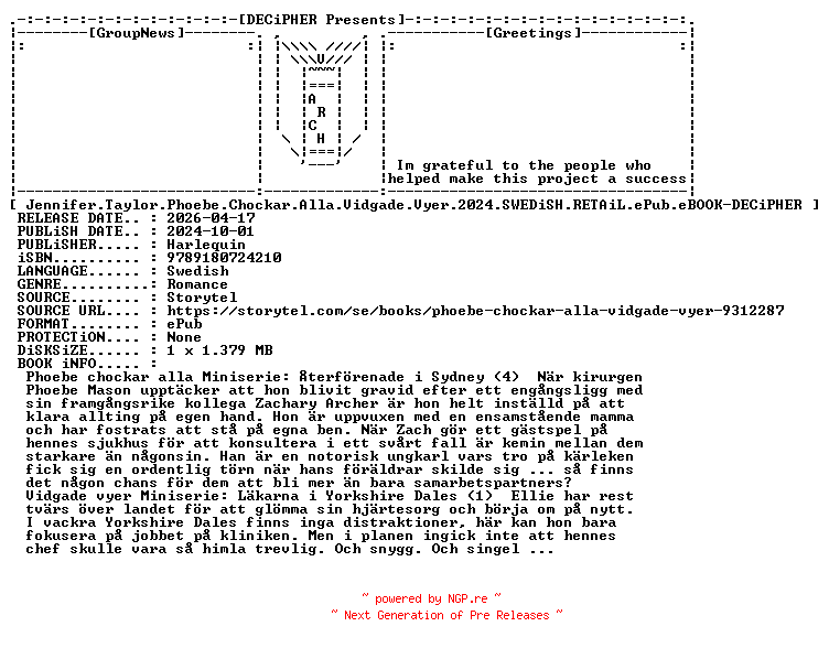 NFO for the release Jennifer.Taylor.Phoebe.Chockar.Alla.Vidgade.Vyer.2024.SWEDiSH.RETAiL.ePub.eBOOK-DECiPHER by DECiPHER