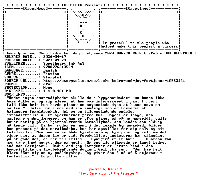 NFO for the release Lene.Qvortrup.Skov.Bedre.End.Jeg.Fortjener.2024.DANiSH.RETAiL.ePub.eBOOK-DECiPHER by DECiPHER