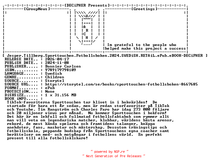 NFO for the release Jesper.Tillberg.Sporttouchen.Fotbollsboken.2024.SWEDiSH.RETAiL.ePub.eBOOK-DECiPHER by DECiPHER
