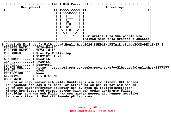 NFO for the release Jessi.Oh.En.Inte.Sa.Valbevarad.Hemlighet.2024.SWEDiSH.RETAiL.ePub.eBOOK-DECiPHER by DECiPHER