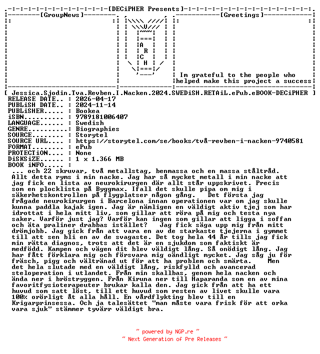 NFO for the release Jessica.Sjodin.Tva.Revben.I.Nacken.2024.SWEDiSH.RETAiL.ePub.eBOOK-DECiPHER by DECiPHER