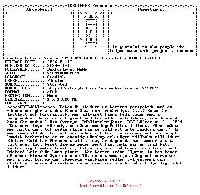 NFO for the release Jochen.Gutsch.Frankie.2024.SWEDiSH.RETAiL.ePub.eBOOK-DECiPHER by DECiPHER