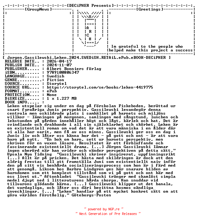 NFO for the release Jorgen.Gassilewski.Leken.2024.SWEDiSH.RETAiL.ePub.eBOOK-DECiPHER by DECiPHER