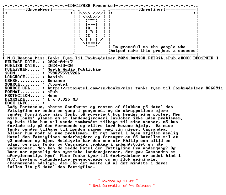 NFO for the release M.C.Beaton.Miss.Tonks.Tyer.Til.Forbrydelser.2024.DANiSH.RETAiL.ePub.eBOOK-DECiPHER by DECiPHER