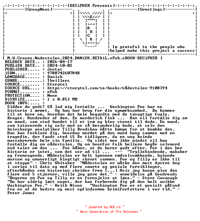 NFO for the release M.W.Craven.Nadestolen.2024.DANiSH.RETAiL.ePub.eBOOK-DECiPHER by DECiPHER