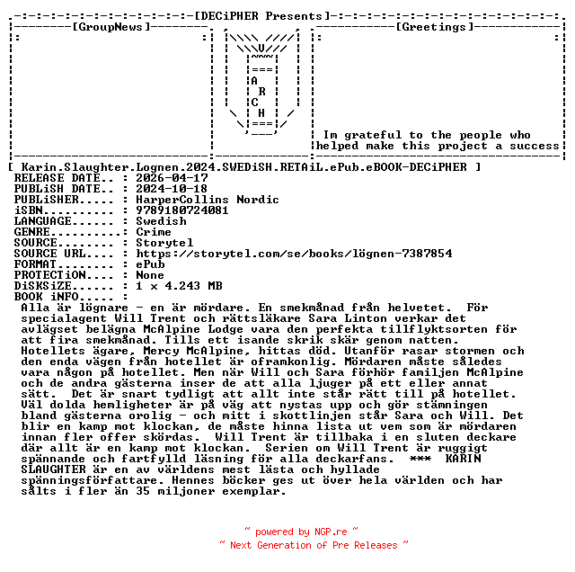 NFO for the release Karin.Slaughter.Lognen.2024.SWEDiSH.RETAiL.ePub.eBOOK-DECiPHER by DECiPHER