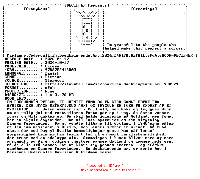 NFO for the release Marianne.Cedervall.En.Doedbringende.Arv.2024.DANiSH.RETAiL.ePub.eBOOK-DECiPHER by DECiPHER