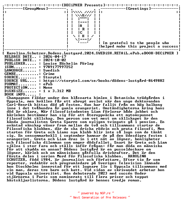 NFO for the release Karolina.Schutzer.Dodens.Lustgard.2024.SWEDiSH.RETAiL.ePub.eBOOK-DECiPHER by DECiPHER