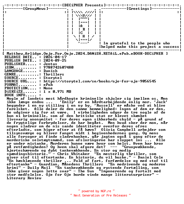 NFO for the release Matthew.Arlidge.Oeje.For.Oeje.2024.DANiSH.RETAiL.ePub.eBOOK-DECiPHER by DECiPHER