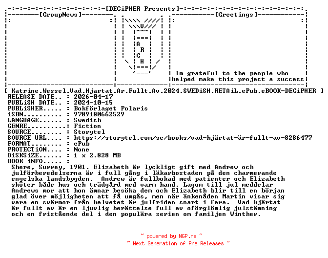 NFO for the release Katrine.Wessel.Vad.Hjartat.Ar.Fullt.Av.2024.SWEDiSH.RETAiL.ePub.eBOOK-DECiPHER by DECiPHER