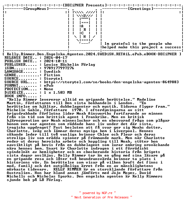 NFO for the release Kelly.Rimmer.Den.Engelska.Agenten.2024.SWEDiSH.RETAiL.ePub.eBOOK-DECiPHER by DECiPHER