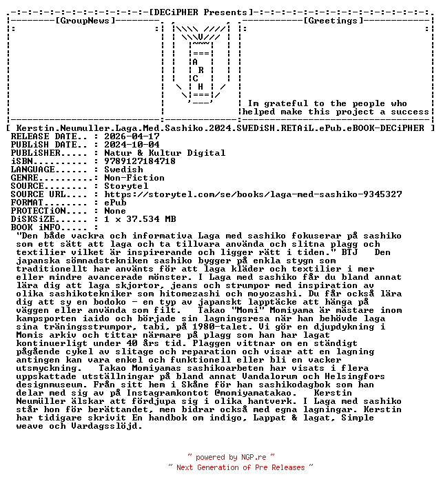 NFO for the release Kerstin.Neumuller.Laga.Med.Sashiko.2024.SWEDiSH.RETAiL.ePub.eBOOK-DECiPHER by DECiPHER