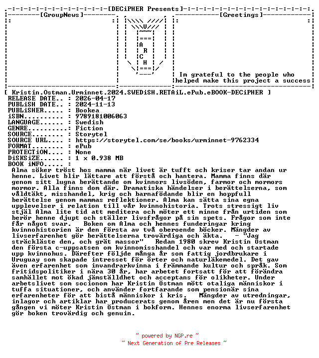 NFO for the release Kristin.Ostman.Urminnet.2024.SWEDiSH.RETAiL.ePub.eBOOK-DECiPHER by DECiPHER