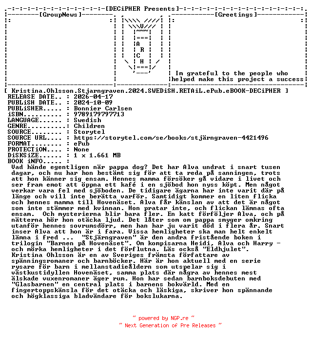 NFO for the release Kristina.Ohlsson.Stjarngraven.2024.SWEDiSH.RETAiL.ePub.eBOOK-DECiPHER by DECiPHER