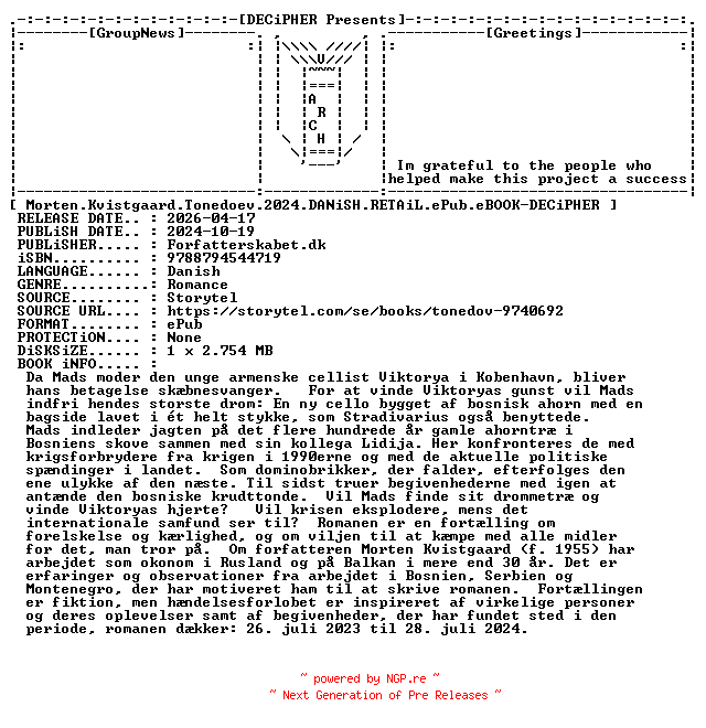 NFO for the release Morten.Kvistgaard.Tonedoev.2024.DANiSH.RETAiL.ePub.eBOOK-DECiPHER by DECiPHER