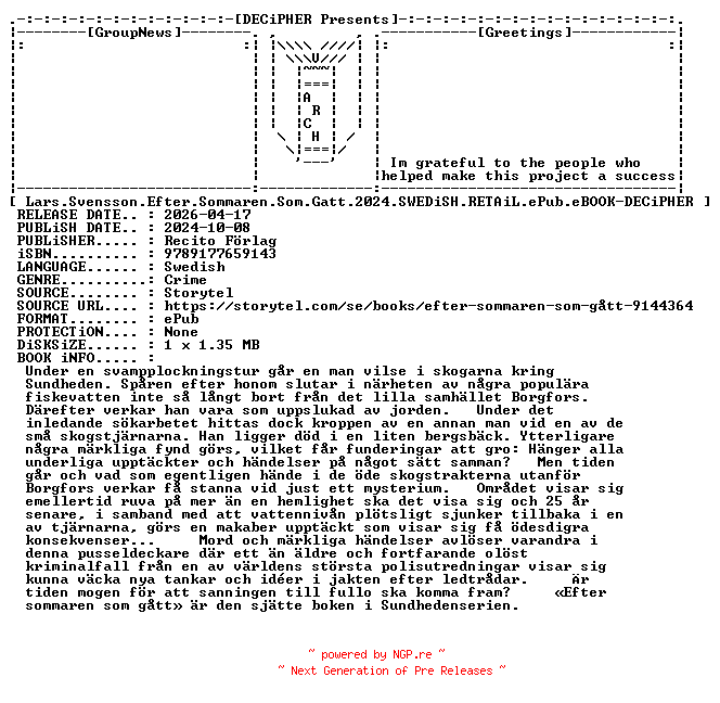 NFO for the release Lars.Svensson.Efter.Sommaren.Som.Gatt.2024.SWEDiSH.RETAiL.ePub.eBOOK-DECiPHER by DECiPHER