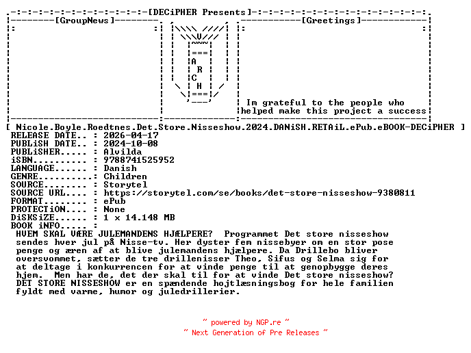 NFO for the release Nicole.Boyle.Roedtnes.Det.Store.Nisseshow.2024.DANiSH.RETAiL.ePub.eBOOK-DECiPHER by DECiPHER