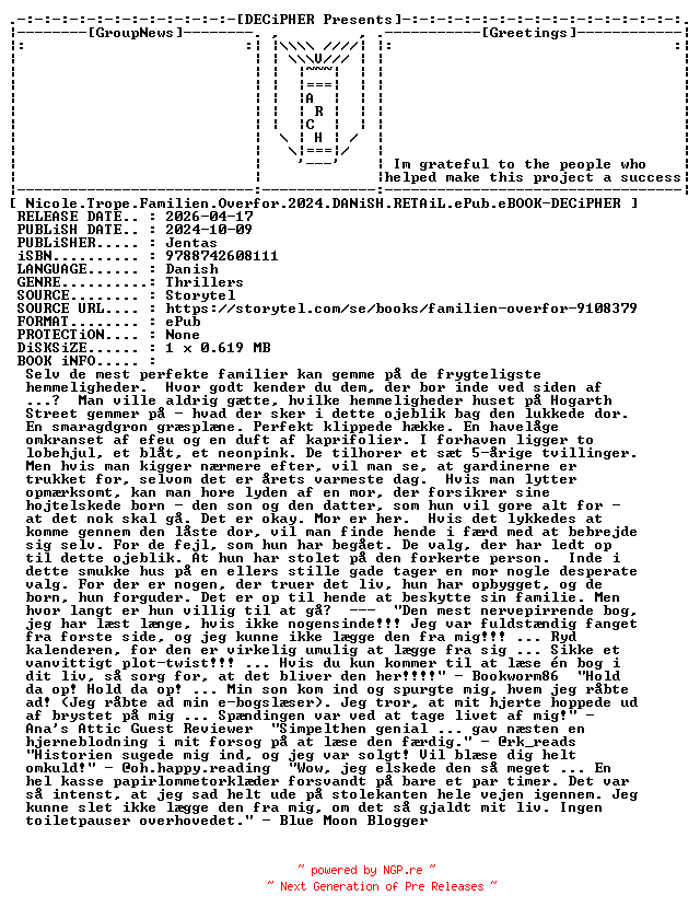 NFO for the release Nicole.Trope.Familien.Overfor.2024.DANiSH.RETAiL.ePub.eBOOK-DECiPHER by DECiPHER