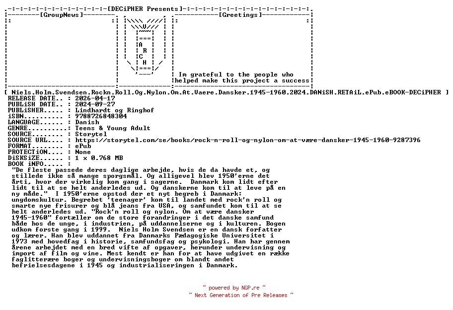 NFO for the release Niels.Holm.Svendsen.Rockn.Roll.Og.Nylon.Om.At.Vaere.Dansker.1945-1960.2024.DANiSH.RETAiL.ePub.eBOOK-DECiPHER by DECiPHER