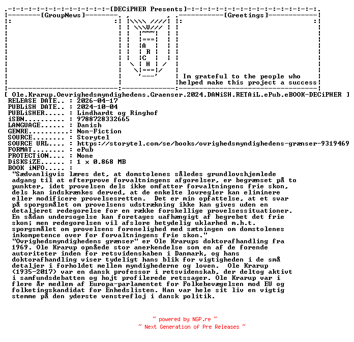 NFO for the release Ole.Krarup.Oevrighedsmyndighedens.Graenser.2024.DANiSH.RETAiL.ePub.eBOOK-DECiPHER by DECiPHER