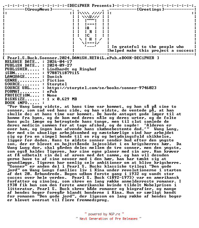 NFO for the release Pearl.S.Buck.Soenner.2024.DANiSH.RETAiL.ePub.eBOOK-DECiPHER by DECiPHER