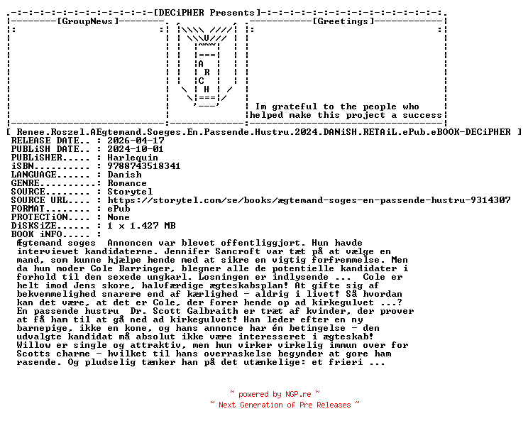 NFO for the release Renee.Roszel.AEgtemand.Soeges.En.Passende.Hustru.2024.DANiSH.RETAiL.ePub.eBOOK-DECiPHER by DECiPHER