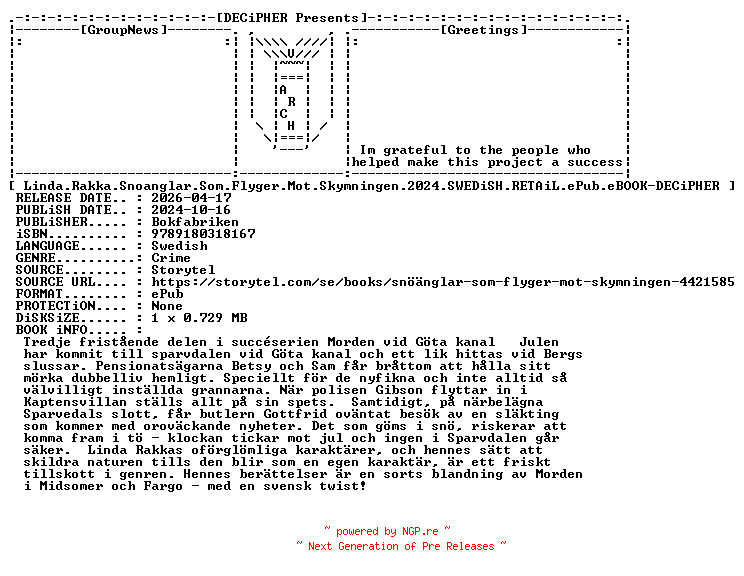 NFO for the release Linda.Rakka.Snoanglar.Som.Flyger.Mot.Skymningen.2024.SWEDiSH.RETAiL.ePub.eBOOK-DECiPHER by DECiPHER