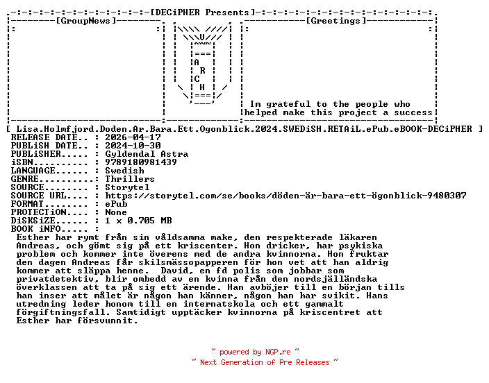 NFO for the release Lisa.Holmfjord.Doden.Ar.Bara.Ett.Ogonblick.2024.SWEDiSH.RETAiL.ePub.eBOOK-DECiPHER by DECiPHER