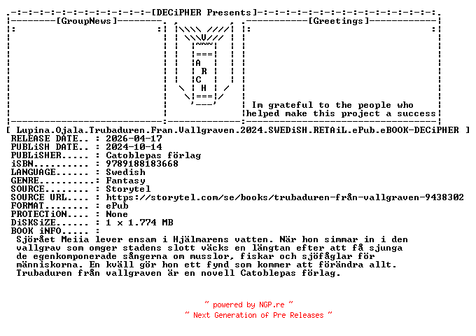 NFO for the release Lupina.Ojala.Trubaduren.Fran.Vallgraven.2024.SWEDiSH.RETAiL.ePub.eBOOK-DECiPHER by DECiPHER