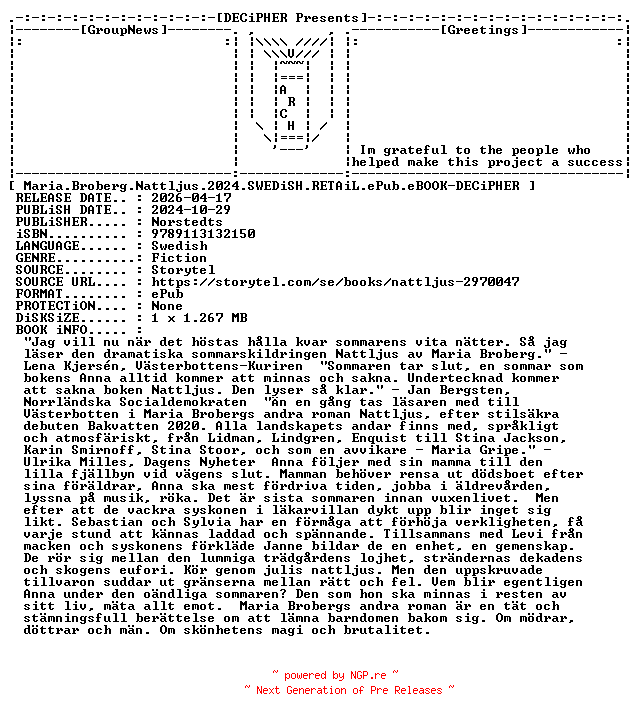 NFO for the release Maria.Broberg.Nattljus.2024.SWEDiSH.RETAiL.ePub.eBOOK-DECiPHER by DECiPHER