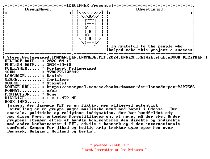 NFO for the release Steen.Westergaard.Imamen.Der.Lammede.Pet.2024.DANiSH.RETAiL.ePub.eBOOK-DECiPHER by DECiPHER