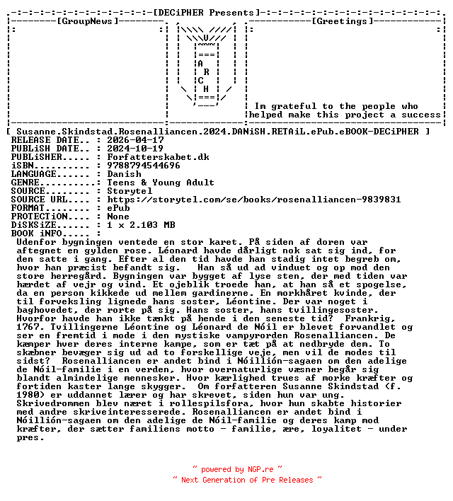NFO for the release Susanne.Skindstad.Rosenalliancen.2024.DANiSH.RETAiL.ePub.eBOOK-DECiPHER by DECiPHER