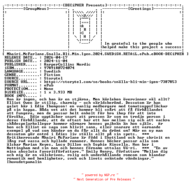 NFO for the release Mhairi.McFarlane.Snalla.Bli.Min.Igen.2024.SWEDiSH.RETAiL.ePub.eBOOK-DECiPHER by DECiPHER