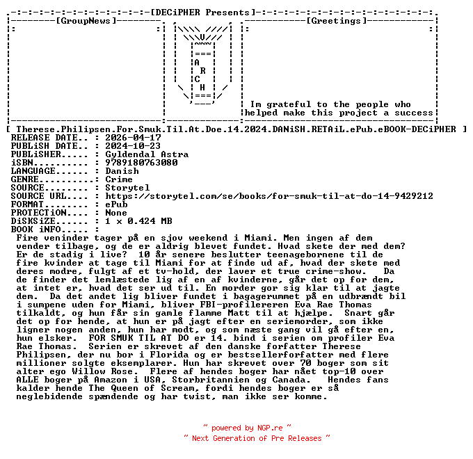 NFO for the release Therese.Philipsen.For.Smuk.Til.At.Doe.14.2024.DANiSH.RETAiL.ePub.eBOOK-DECiPHER by DECiPHER