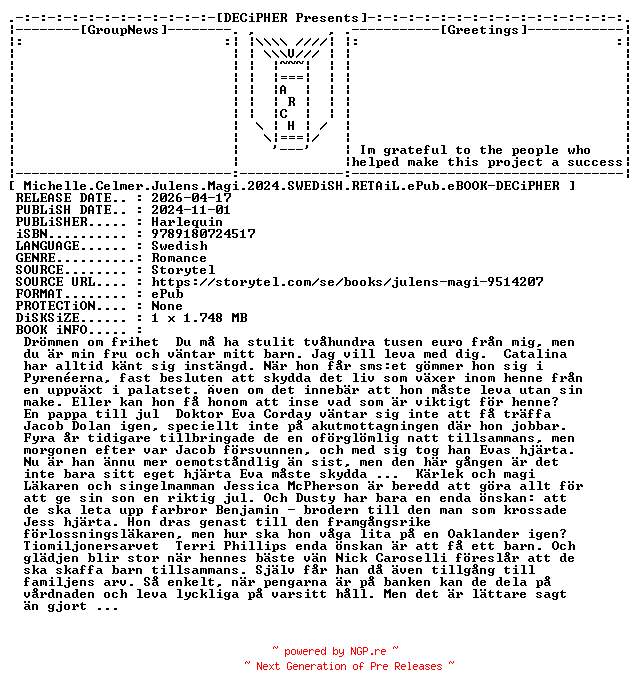 NFO for the release Michelle.Celmer.Julens.Magi.2024.SWEDiSH.RETAiL.ePub.eBOOK-DECiPHER by DECiPHER