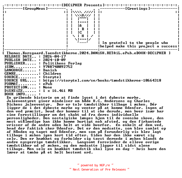 NFO for the release Thomas.Korsgaard.Taendstikkerne.2024.DANiSH.RETAiL.ePub.eBOOK-DECiPHER by DECiPHER