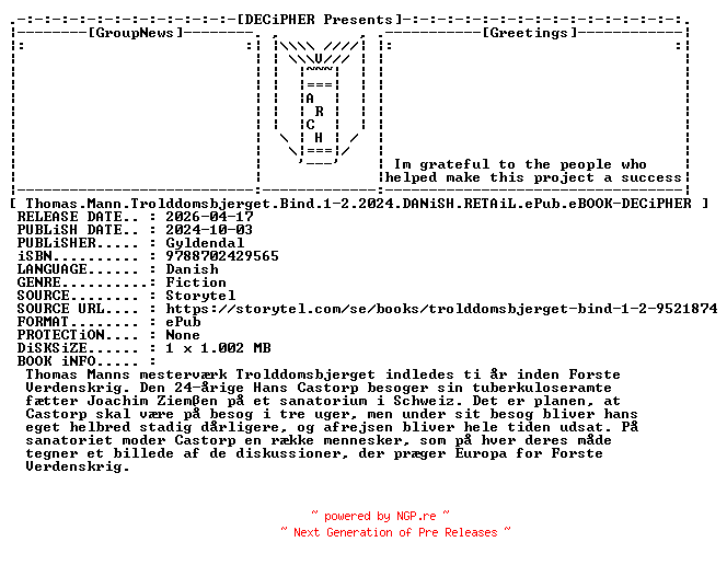 NFO for the release Thomas.Mann.Trolddomsbjerget.Bind.1-2.2024.DANiSH.RETAiL.ePub.eBOOK-DECiPHER by DECiPHER